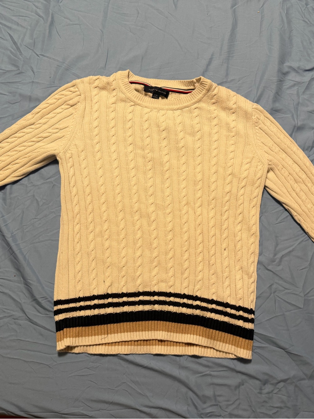 Tommy Hilfiger Cream Cable Knit Crew Sweater with Black Trim